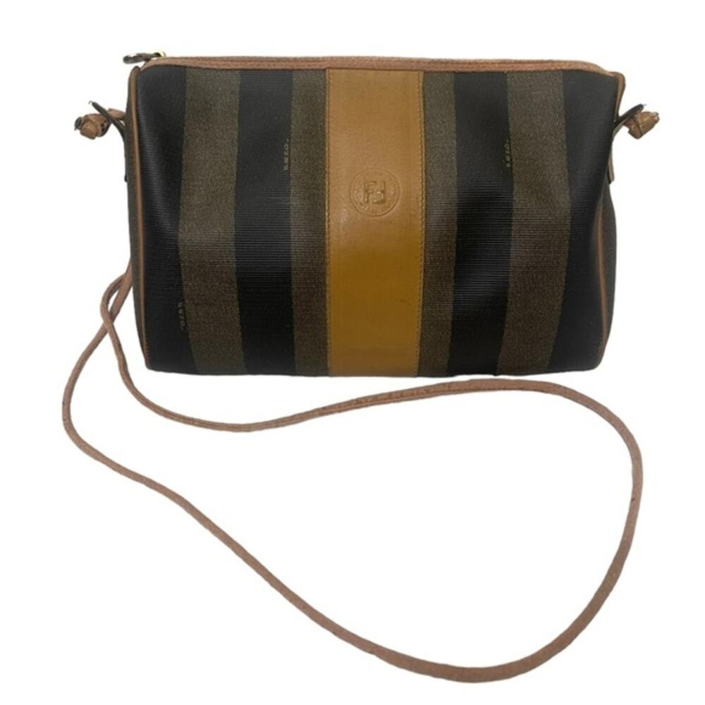 Vintage Fendi Pequin Striped PVC Tan Leather Trim Shoulder Crossbody Handbag.